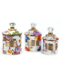 MacKenzie-Childs White Flower Market Enamel Canisters