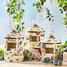 MacKenzie-Childs White Flower Market Enamel Canisters