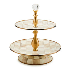 MacKenzie-Childs Mocha Check Enamel Two Tier Sweet Stand