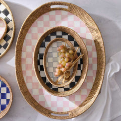 MacKenzie-Childs Courtly Check Large Enamel & Rattan Serving Tray
