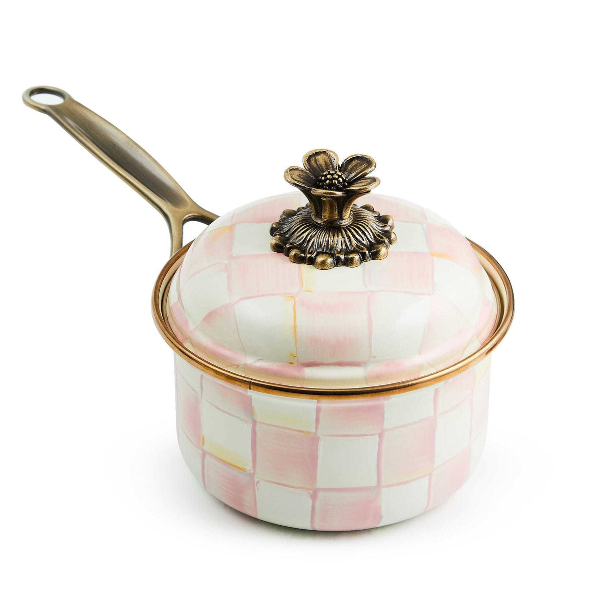 MacKenzie-Childs Rosy Check Enamel 1 Quart Saucepan