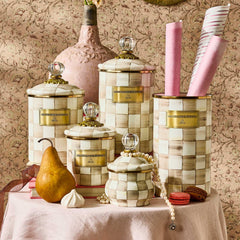 MacKenzie-Childs Mocha Check Enamel Lidded Sugar Bowl