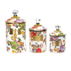 MacKenzie-Childs White Flower Market Enamel Canisters