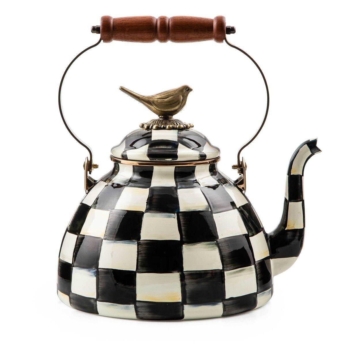 MacKenzie-Childs Iconic Courtly Check Enamel Tea Kettle with Bird – 2.84 L
