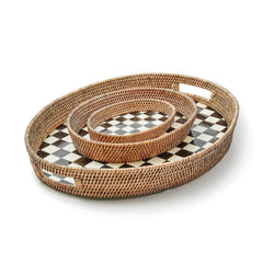 MacKenzie-Childs Courtly Check Large Enamel & Rattan Serving Tray