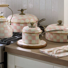 MacKenzie-Childs Rosy Check Enamel 1 Quart Saucepan